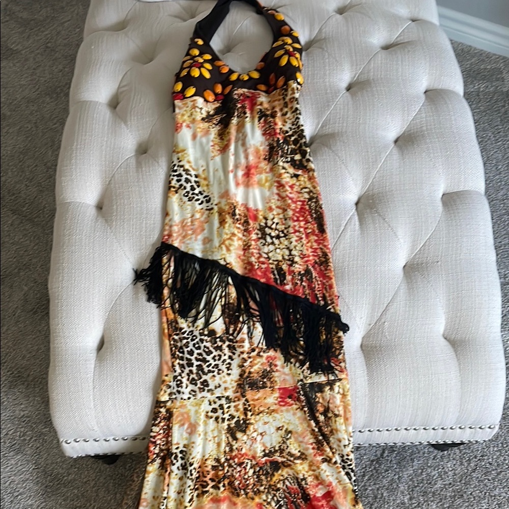 Animal Print Halter Maxi Dress with Fringe